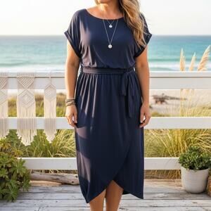 Koh Koh Navy Belted Wrap Midi Dress Cap Sleeve Tulip Hem Party Sun Beach Size 3X
